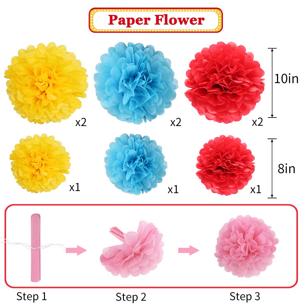 Zilue Carnival Circus Party Decorations, Red Yellow Blue Paper Lanterns And Pom Poms Flowers For Birthday Party Baby Showers Car